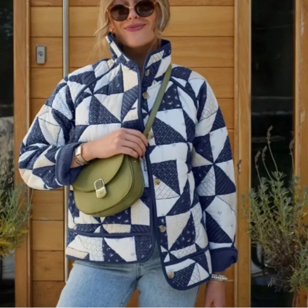 2 lEFT ! Boho Quilted Geo Star  Blue and White Quilted Jacket